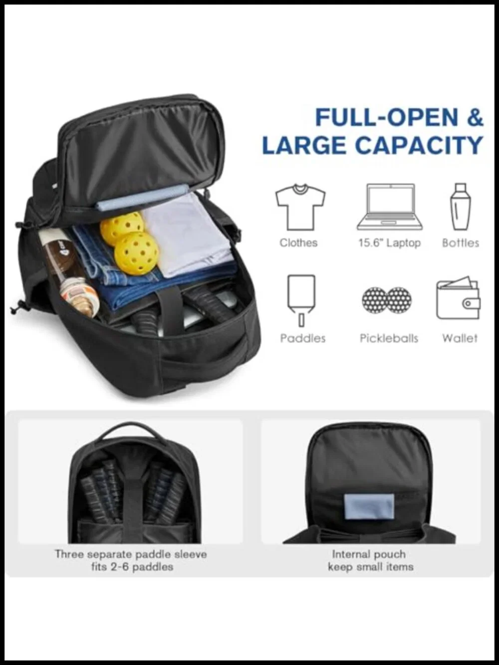 Large Pickleball Backpack Fits 2-6 Paddles Tactical Style with Fence Hook
